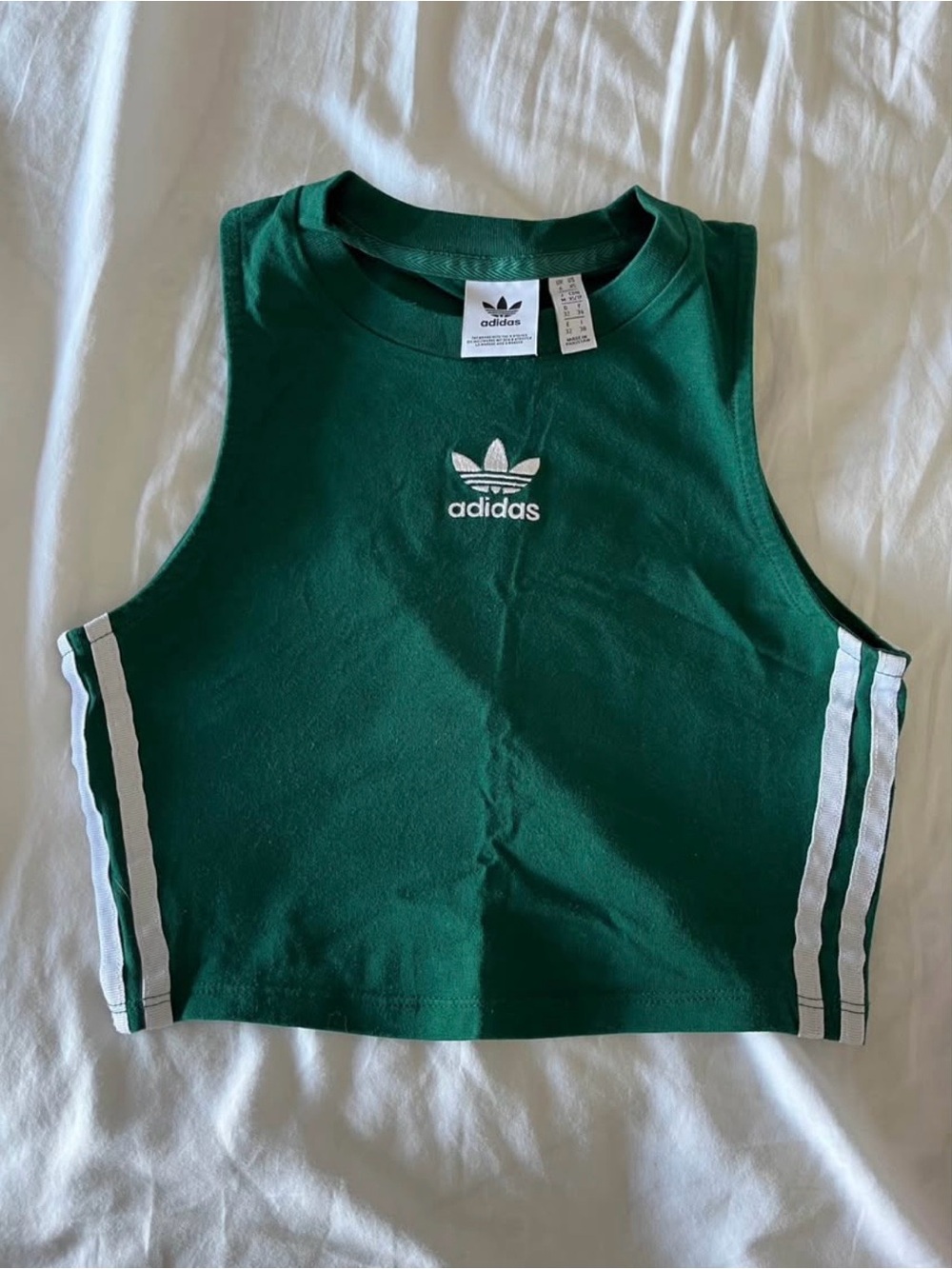 adidas Green Cropped Tank with White Trefoil and Side Stripes